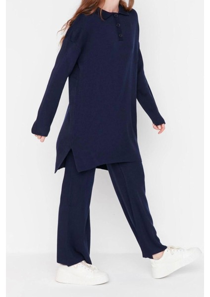 Moda Triko Yüksek Bel Düz Polo Yaka Düşük Kol Casual Günlük Polo Yaka Tunik-Pantolon Triko Takım modelleri