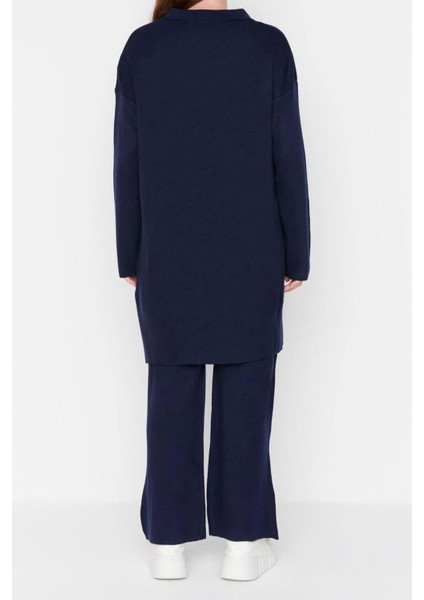 Moda Triko Yüksek Bel Düz Polo Yaka Düşük Kol Casual Günlük Polo Yaka Tunik-Pantolon Triko Takım indirimleri