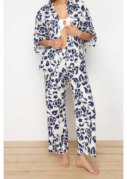 Moda Dokuma Çiçekli Gömlek Yaka Plaj Dokuma Kimono Pantolon Takım fırsatları