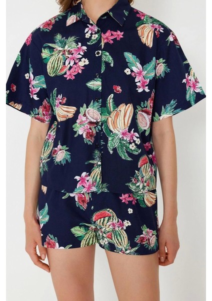 Moda Dokuma Düz Gömlek Yaka Plaj Tropikal Desenli Dokuma Gömlek Şort Takım