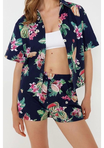 Moda Dokuma Düz Gömlek Yaka Plaj Tropikal Desenli Dokuma Gömlek Şort Takım modelleri