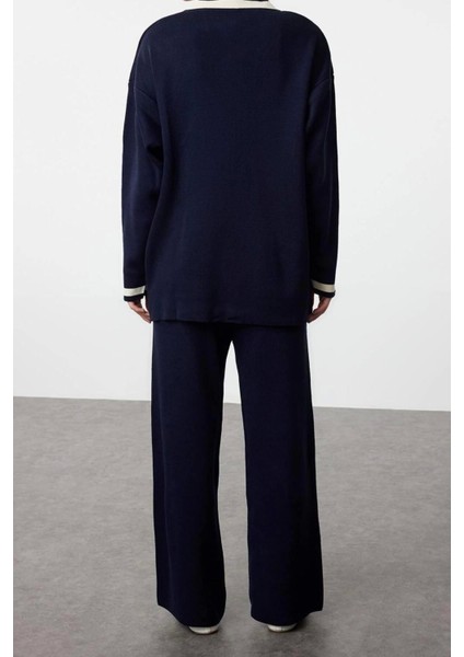 Moda Renk Bloklu V Yaka Düşük Kol Renk Bloklu Gold Düğmeli Cepli Hırka-Pantolon Triko Alt-Üst Takım indirimleri