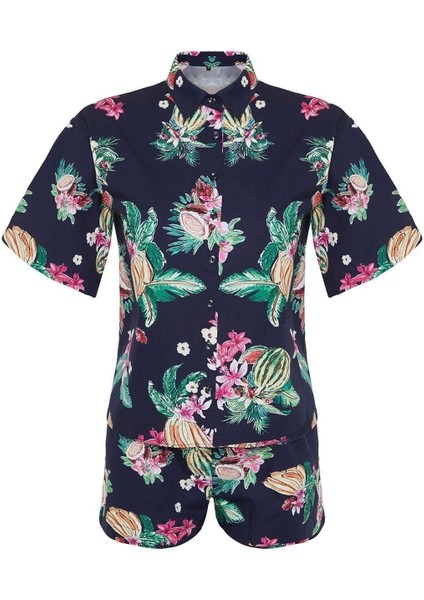 Moda Dokuma Düz Gömlek Yaka Plaj Tropikal Desenli Dokuma Gömlek Şort Takım indirimleri