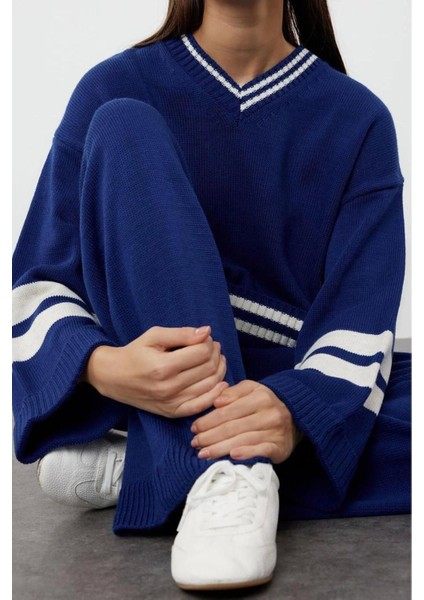 Moda Renk Bloklu Düşük Kol Casual Günlük Indigo Renk Bloklu Çizgili Triko Alt-Üst Takım fiyatları