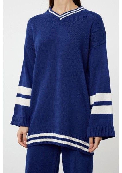 Moda Renk Bloklu Düşük Kol Casual Günlük Indigo Renk Bloklu Çizgili Triko Alt-Üst Takım modelleri