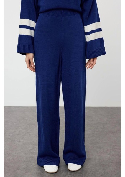 Moda Renk Bloklu Düşük Kol Casual Günlük Indigo Renk Bloklu Çizgili Triko Alt-Üst Takım fırsatları