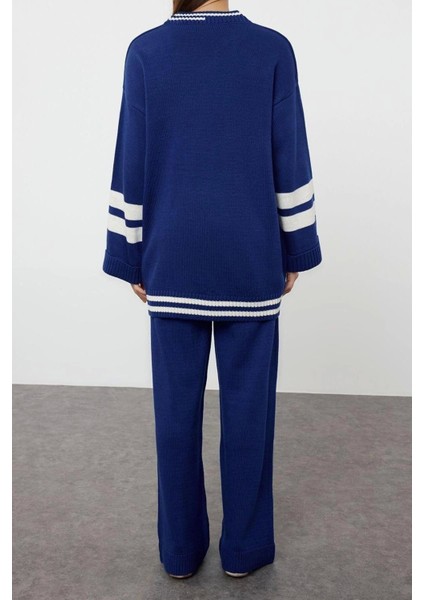 Moda Renk Bloklu Düşük Kol Casual Günlük Indigo Renk Bloklu Çizgili Triko Alt-Üst Takım indirimleri