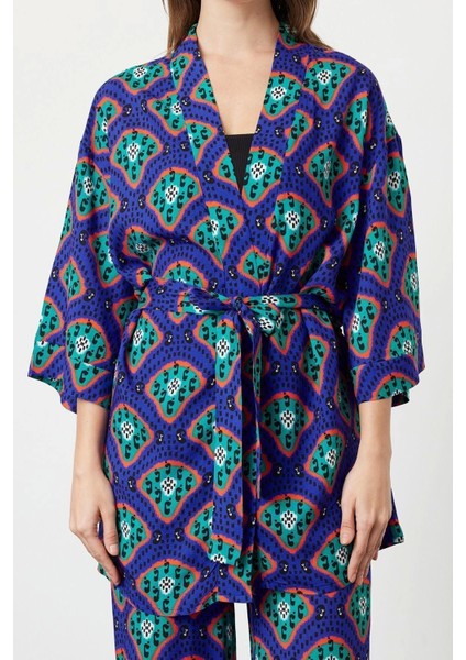 Moda Dokuma Düz Gömlek Yaka Plaj Etnik Desenli Kuşaklı Dokuma Kimono Pantolon Takım