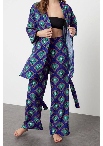 Moda Dokuma Düz Gömlek Yaka Plaj Etnik Desenli Kuşaklı Dokuma Kimono Pantolon Takım fiyatları