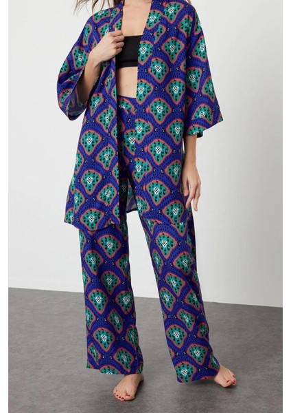 Moda Dokuma Düz Gömlek Yaka Plaj Etnik Desenli Kuşaklı Dokuma Kimono Pantolon Takım modelleri