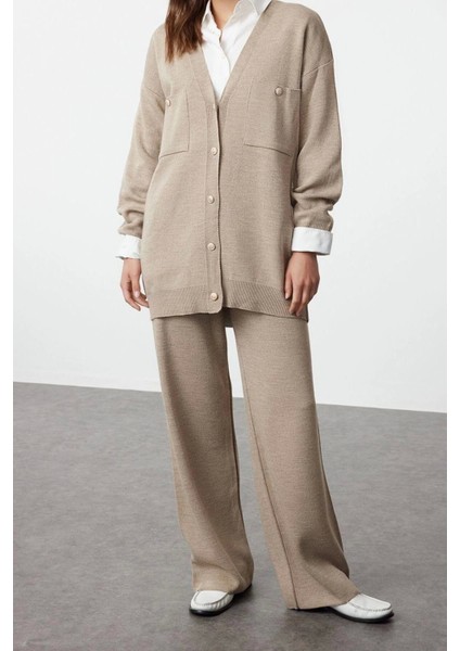 Moda Düz V Yaka Düşük Kol Casual Günlük Siyah Düğmeli Hırka-Pantolon Triko Alt-Üst Takım