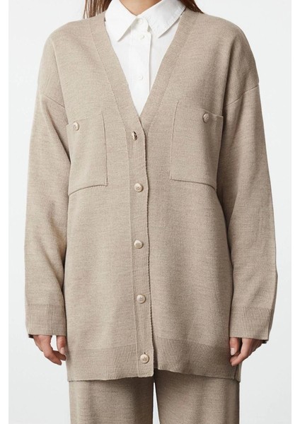 Moda Düz V Yaka Düşük Kol Casual Günlük Siyah Düğmeli Hırka-Pantolon Triko Alt-Üst Takım modelleri