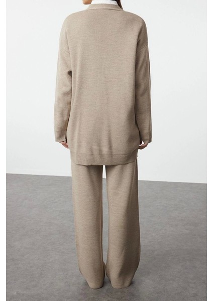 Moda Düz V Yaka Düşük Kol Casual Günlük Siyah Düğmeli Hırka-Pantolon Triko Alt-Üst Takım indirimleri