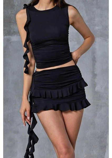 Moda Örme Düz Bisiklet Yaka Casual Günlük Siyah Fırfır Detaylı Alt&üst Takım