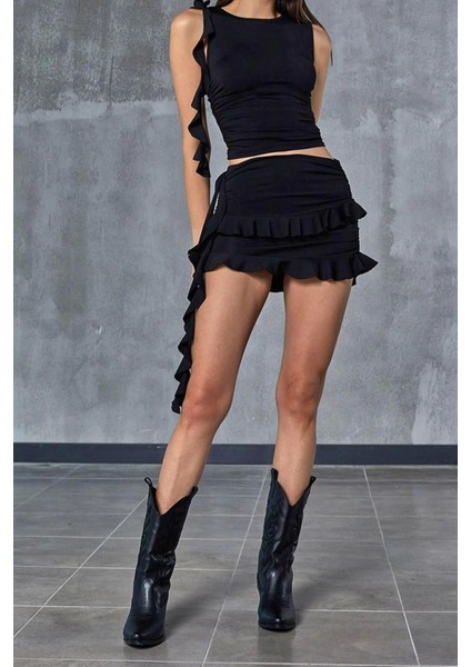 Moda Örme Düz Bisiklet Yaka Casual Günlük Siyah Fırfır Detaylı Alt&üst Takım fiyatları