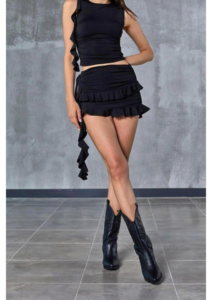 Moda Örme Düz Bisiklet Yaka Casual Günlük Siyah Fırfır Detaylı Alt&üst Takım modelleri