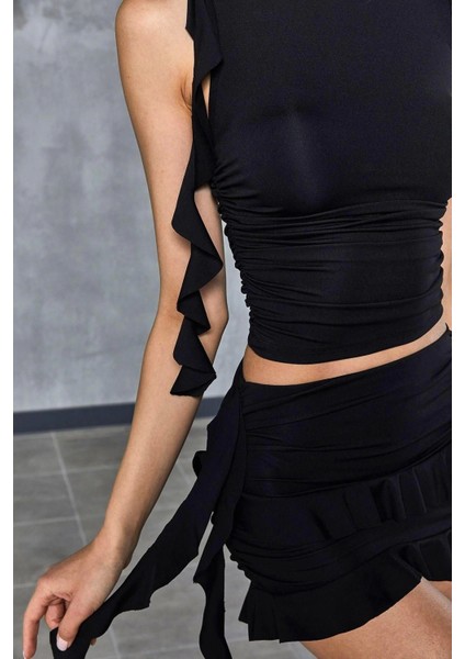 Moda Örme Düz Bisiklet Yaka Casual Günlük Siyah Fırfır Detaylı Alt&üst Takım fırsatları