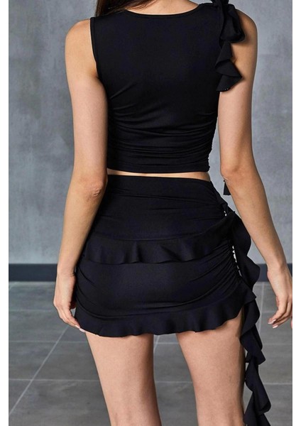 Moda Örme Düz Bisiklet Yaka Casual Günlük Siyah Fırfır Detaylı Alt&üst Takım indirimleri