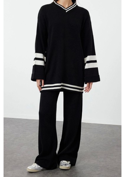 Moda Renk Bloklu Düşük Kol Casual Günlük Indigo Renk Bloklu Çizgili Triko Alt-Üst Takım