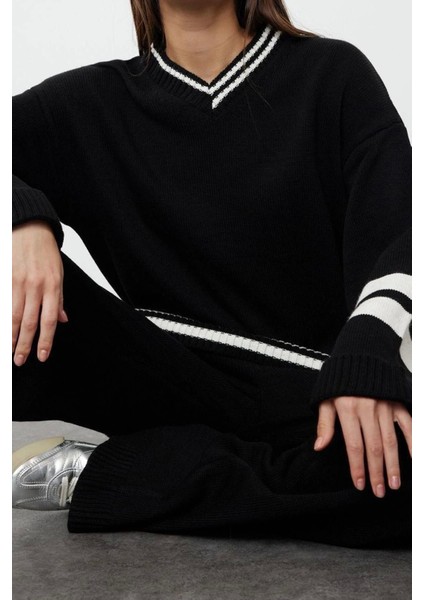 Moda Renk Bloklu Düşük Kol Casual Günlük Indigo Renk Bloklu Çizgili Triko Alt-Üst Takım fiyatları