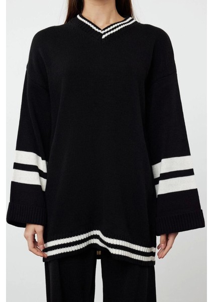 Moda Renk Bloklu Düşük Kol Casual Günlük Indigo Renk Bloklu Çizgili Triko Alt-Üst Takım modelleri