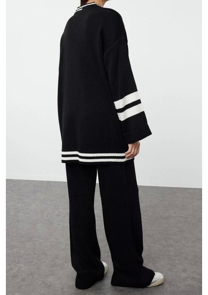 Moda Renk Bloklu Düşük Kol Casual Günlük Indigo Renk Bloklu Çizgili Triko Alt-Üst Takım indirimleri