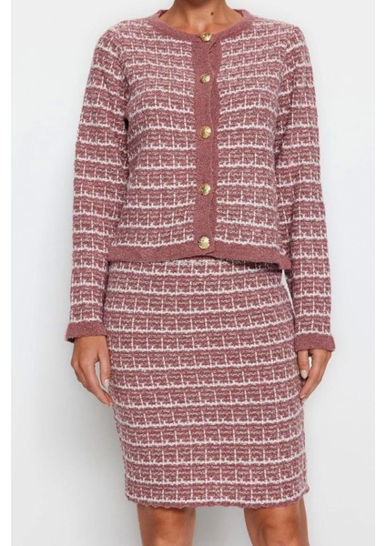 Moda Triko Dokulu Bisiklet Yaka Resmi Örgü Detaylo Hırka-Etek Triko Alt-Üst Takım