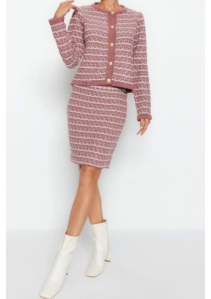 Moda Triko Dokulu Bisiklet Yaka Resmi Örgü Detaylo Hırka-Etek Triko Alt-Üst Takım fiyatları