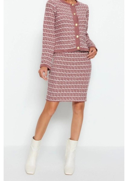 Moda Triko Dokulu Bisiklet Yaka Resmi Örgü Detaylo Hırka-Etek Triko Alt-Üst Takım modelleri