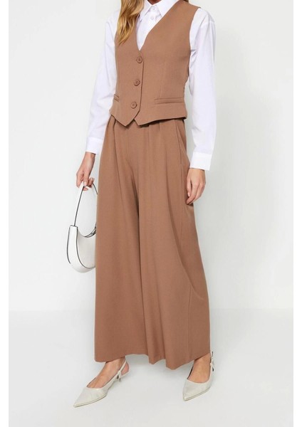 Moda Dokuma Düz V Yaka Casual Günlük Yelek-Pantolon Dokuma Alt-Üst Takım