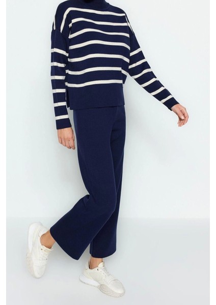 Moda Triko Bisiklet Yaka Düşük Kol Casual Günlük Ekru Triko Pantolonlu Alt-Üst Takım