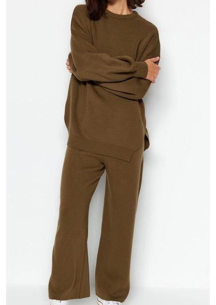 Tarz Kadın Modern Moda Normal Bel Boru Paça Bisiklet Yaka Geniş Kalıp Balon Kol Triko Alt-Üst Takım