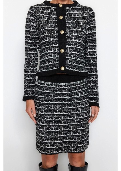 Moda Triko Dokulu Bisiklet Yaka Resmi Örgü Detaylo Hırka-Etek Triko Alt-Üst Takım