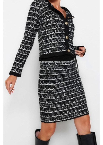 Moda Triko Dokulu Bisiklet Yaka Resmi Örgü Detaylo Hırka-Etek Triko Alt-Üst Takım modelleri