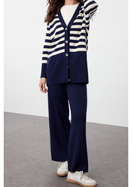 Moda Triko Çizgili V Yaka Düşük Kol Casual Günlük Hırka Pantolon Triko Alt-Üst Takım