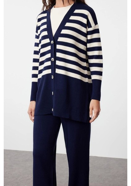 Moda Triko Çizgili V Yaka Düşük Kol Casual Günlük Hırka Pantolon Triko Alt-Üst Takım modelleri