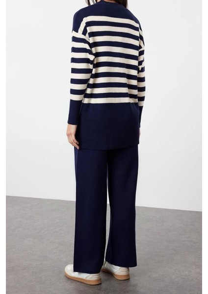 Moda Triko Çizgili V Yaka Düşük Kol Casual Günlük Hırka Pantolon Triko Alt-Üst Takım indirimleri