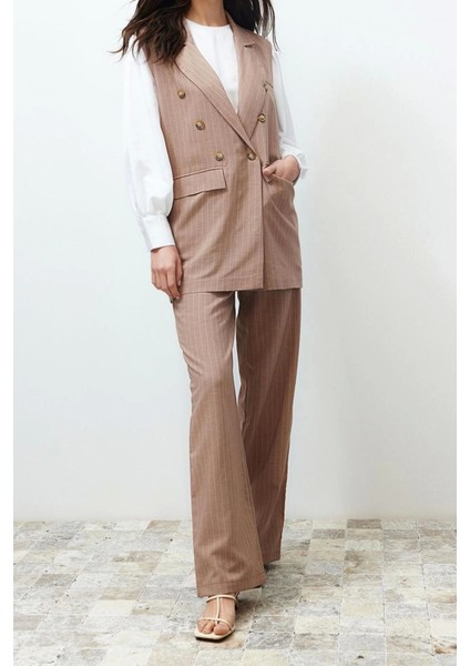 Moda Çizgili Ceket Yaka Resmi Vizon Çizgili Kumaş Yelek Pantolon Dokuma Alt Üst Takım