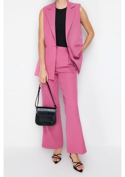 Moda Ceket Yaka Resmi Lila Regular Kalıp Yelek ve Wide Leg Geniş Paça Pantolon Dokuma Alt-Üst Takım