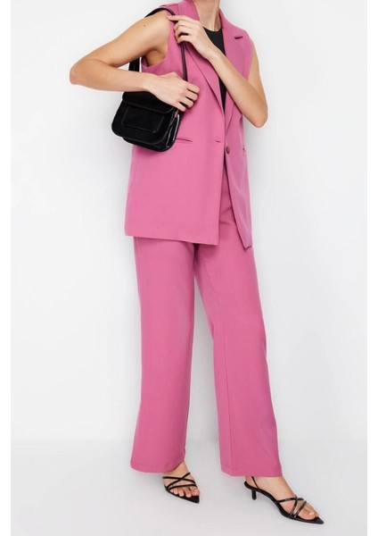Moda Ceket Yaka Resmi Lila Regular Kalıp Yelek ve Wide Leg Geniş Paça Pantolon Dokuma Alt-Üst Takım fiyatları