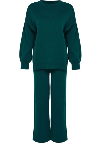 Tarz Kadın Modern Moda Normal Bel Boru Paça Bisiklet Yaka Geniş Kalıp Balon Kol Triko Alt-Üst Takım