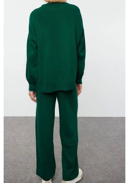 Tarz Kadın Modern Moda Normal Bel Boru Paça Bisiklet Yaka Geniş Kalıp Balon Kol Triko Alt-Üst Takım indirimleri