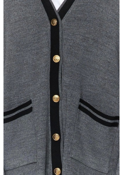 Moda Renk Bloklu V Yaka Düşük Kol Renk Bloklu Gold Düğmeli Cepli Hırka-Pantolon Triko Alt-Üst Takım indirimleri