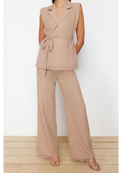 Moda Dokuma Düz Ceket Yaka Casual Günlük Koyu Kruvaze Bağlamalı Dokuma Alt-Üst Takım