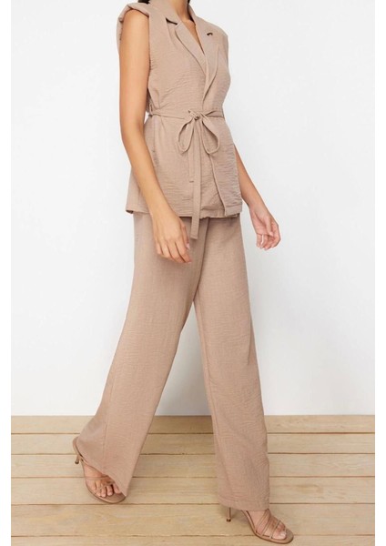 Moda Dokuma Düz Ceket Yaka Casual Günlük Koyu Kruvaze Bağlamalı Dokuma Alt-Üst Takım fiyatları