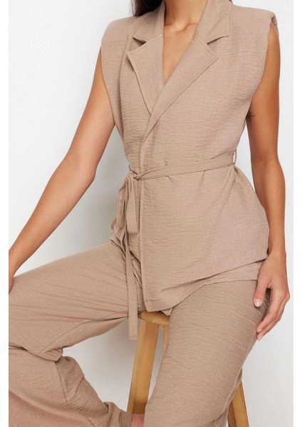 Moda Dokuma Düz Ceket Yaka Casual Günlük Koyu Kruvaze Bağlamalı Dokuma Alt-Üst Takım modelleri