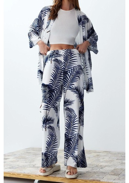 Moda Dokuma Baskılı Degaje Yaka Casual Günlük Siyah Desenli Kimono Pantolon Dokuma Alt-Üst Takım