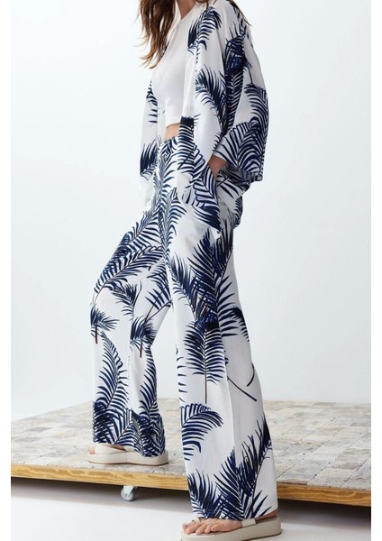 Moda Dokuma Baskılı Degaje Yaka Casual Günlük Siyah Desenli Kimono Pantolon Dokuma Alt-Üst Takım fiyatları