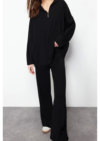 Moda Düz Dik Yaka Casual Günlük Ekru Rahat Kesim Dik Yaka Basic Triko Alt-Üst Takım