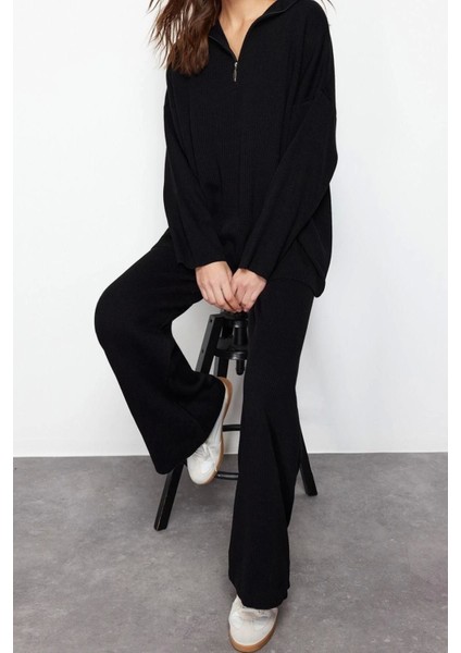 Moda Düz Dik Yaka Casual Günlük Ekru Rahat Kesim Dik Yaka Basic Triko Alt-Üst Takım fiyatları